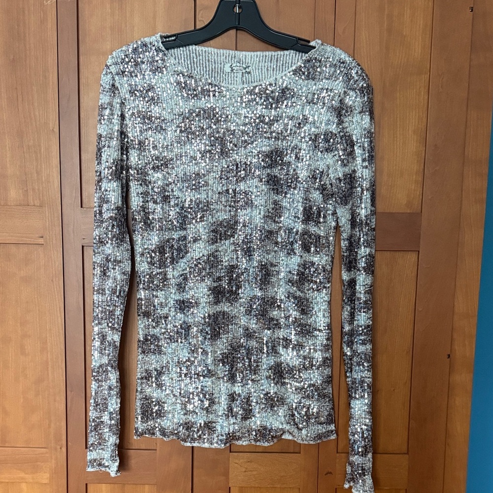 Free People Silver and Brown Sequin Long Sleeve Top